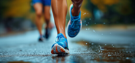 Rainy Marathon Runners in Action. Close-up of marathon runners' feet splashing through puddles on a wet road, showcasing endurance and energy.