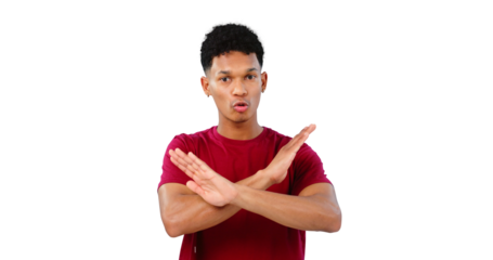 Portrait, man and arms crossed for stop in warning, order and threat or isolated on transparent png background. Male person, no and forbidden or rejection, danger and protest for protection or safety