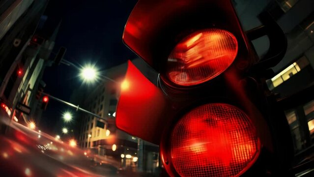 A picture of a traffic light on a city street at night. This image can be used to depict urban life, transportation, traffic control, and nighttime scenes.