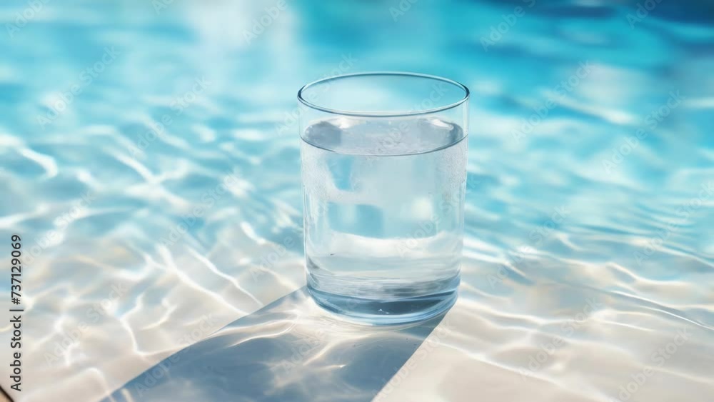 Poster a glass of water placed on the edge of a pool. perfect for summer-themed designs or relaxation conce