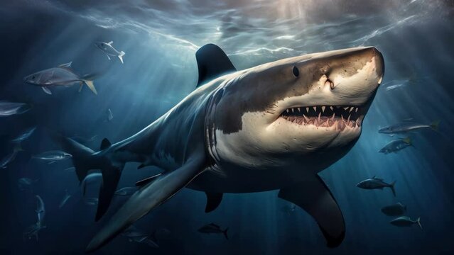 A shark with its mouth wide open, swimming in the water. This image can be used to depict the power and ferocity of sharks, or to illustrate marine life and underwater ecosystems.