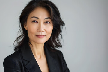Fototapeta premium Close up portrait of beautiful elegant mature asian business woman isolated on white or light background