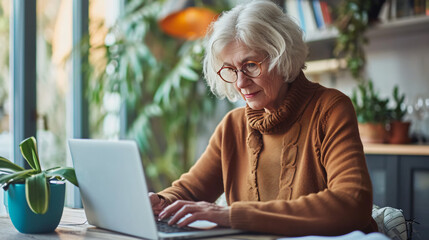 an elderly person working on a laptop keyboard, typing, searching for information on the Internet, close up photo, free space for text, selective focus.