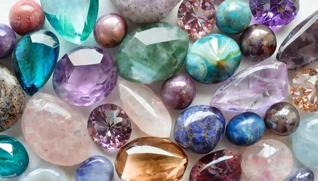 gems of different colors amethyst rose quartz agate apatite aventurine olivine turquoise aquamarine rhinestone lie on a white background