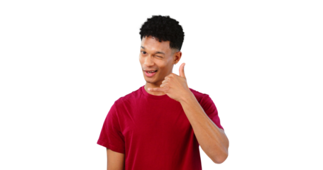 Man, portrait and wink with call me hand for flirting communication for valentines day, date or connection. Male person, emoji gesture and isolated transparent png background, cellular or phone call