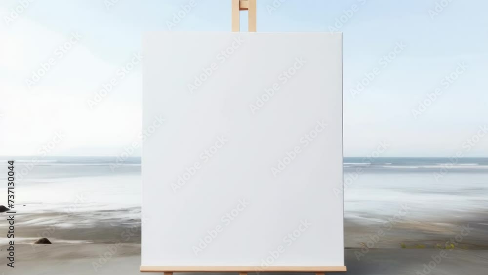 Poster an easel with a blank canvas set up on a sandy beach. perfect for creative and artistic concepts.