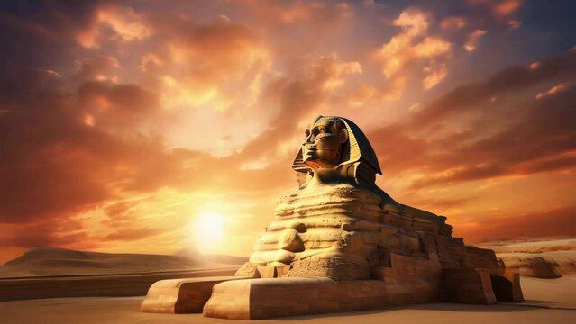 A breathtaking view of a sphinx statue standing in the desert with a stunning sunset in the background. Perfect for travel brochures, ancient history articles, or desert-themed designs.