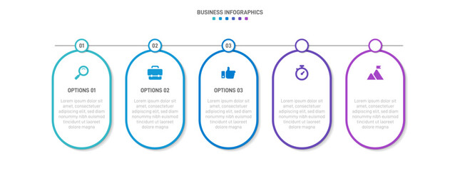 Timeline infographic with infochart. Modern presentation template with 5 spets for business process. Website template on white background for concept modern design. Horizontal layout.