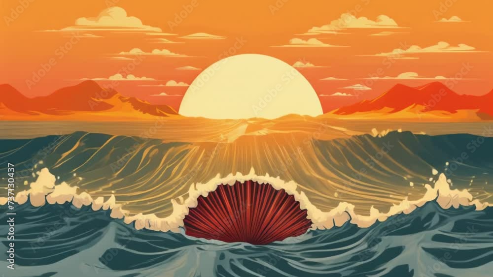 Poster a seashell in the middle of the ocean at sunset. perfect for beach-themed designs and nature concept