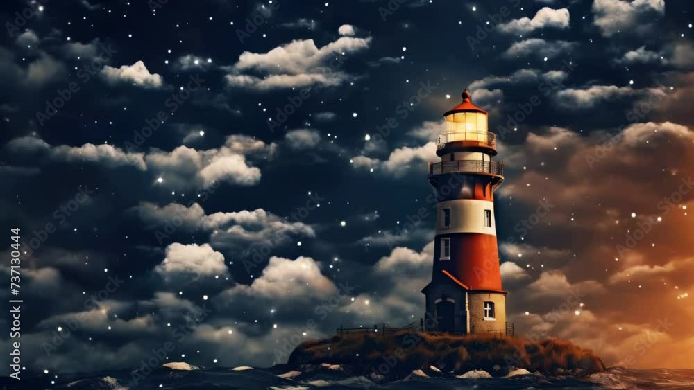Poster a lighthouse standing alone in the middle of the ocean at night. perfect for maritime themes and sym