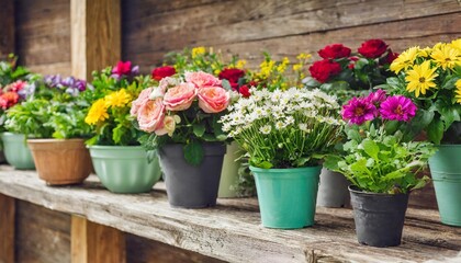 various types of colorful flowers in pots placed on wooden shelf - obrazy, fototapety, plakaty