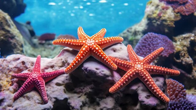 Two starfish are pictured sitting on top of a rock. This image can be used to depict marine life, coastal environments, or beach-themed concepts.