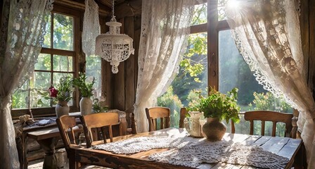 Sunlight streaming through lace curtains onto a rustic wooden dining table.
