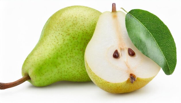 pears isolated one and a half green pear fruit with leaf on white background pear slice with clipping path full depth of field