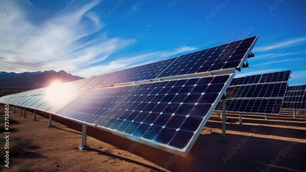 Poster rows of solar panels in a desert setting. perfect for renewable energy concepts.