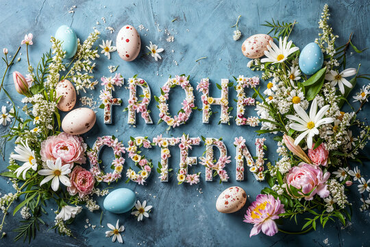 Buntes Osterarrangement mit Blumen und Text &bdquo;Frohe Ostern&ldquo; auf blauem Hintergrund