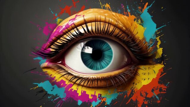 Close up of an eye with vibrant paint splatters. Perfect for artistic and creative projects.