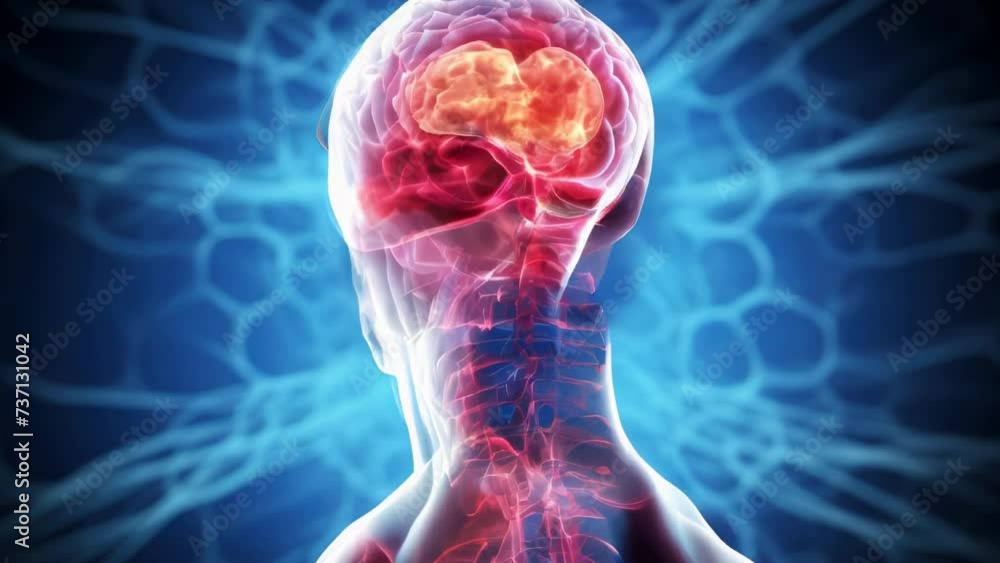 Poster An image of a human head with a brain highlighted in red. This picture can be used to represent concepts related to neuroscience, brain health, cognition, and intelligence.