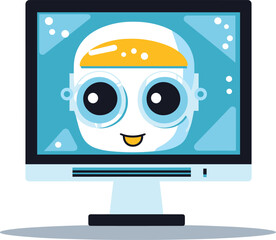 Cute computer monitor smiling face, wearing swim goggles. Cheerful anthropomorphic computer character vector illustration