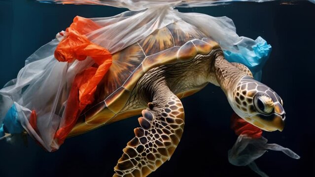A turtle carrying a plastic bag on its shell. Perfect for raising awareness about the harmful effects of plastic pollution on marine life.