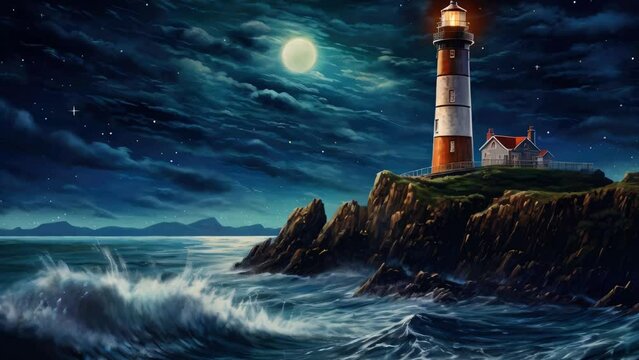 A painting of a lighthouse situated on top of a cliff. This image can be used to depict scenic landscapes, coastal scenes, or as a symbol of guidance and safety.