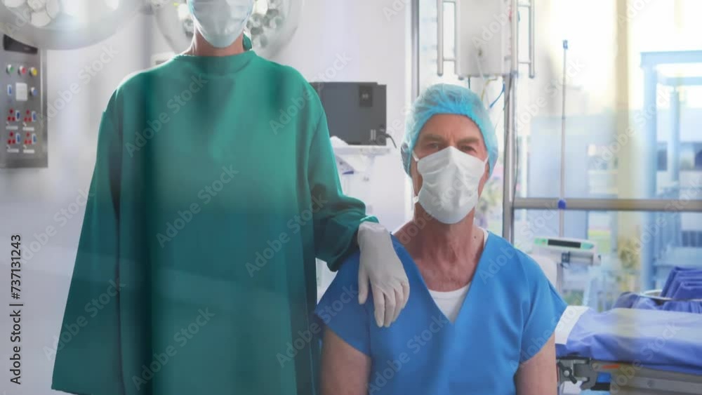 Poster animation of data processing over diverse surgeons in face masks in hospital