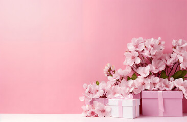 Fototapeta na wymiar a pink background with a gift box and flowers on it and a pink ribbon around the box and the gift box, generative ai