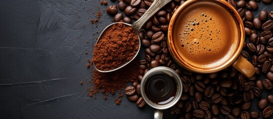 Aromatic cup of coffee with a rustic spoon filled with roasted coffee beans on a wooden table
