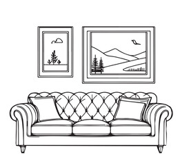 Room interior sketch. Hand drawn sofa and furniture