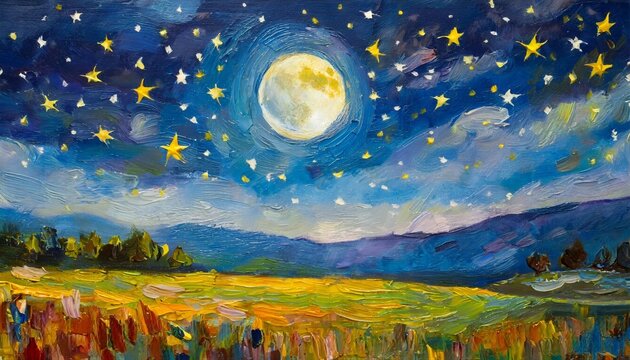 oil painting of a night sky with stars and a full moon famous paint with oil brush strokes exclusive wallpaper texture interior design composite