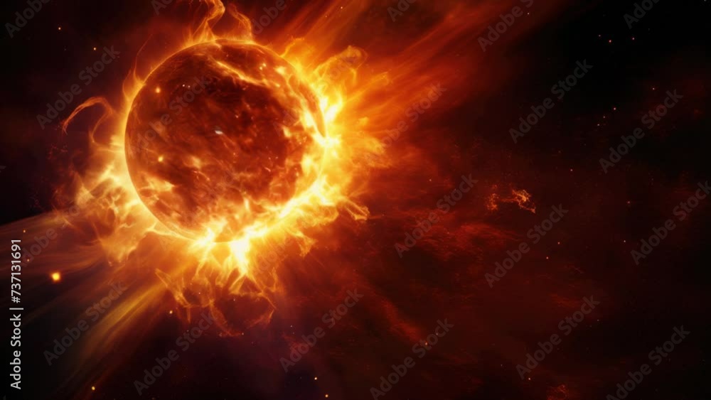Poster a vibrant orange sun shining brightly in the vastness of space. perfect for astronomy enthusiasts or