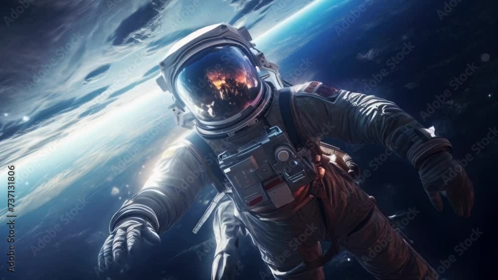 Poster A man wearing a space suit is seen floating in the air. This image can be used to depict space exploration, futuristic concepts, or scientific advancements.