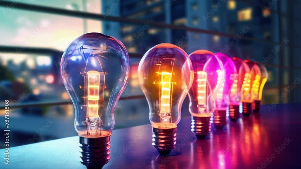 Poster a row of light bulbs sitting on top of a table. this versatile image can be used to represent creati