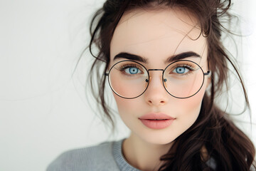 Fototapeta premium Closeup portrait of beautiful young woman wearing eyeglass isolated on white background