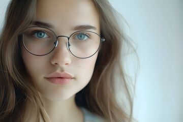 Fototapeta premium Closeup portrait of beautiful young woman wearing eyeglass isolated on white background
