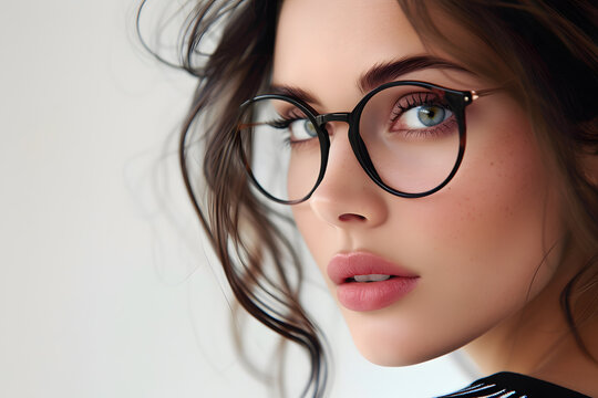 Closeup portrait of beautiful young woman wearing eyeglass isolated on white background