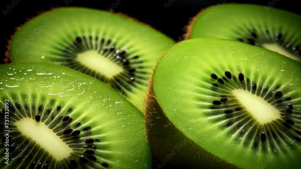Poster A close up view of a kiwi fruit sliced in half. Ideal for food-related projects and healthy eating concepts.