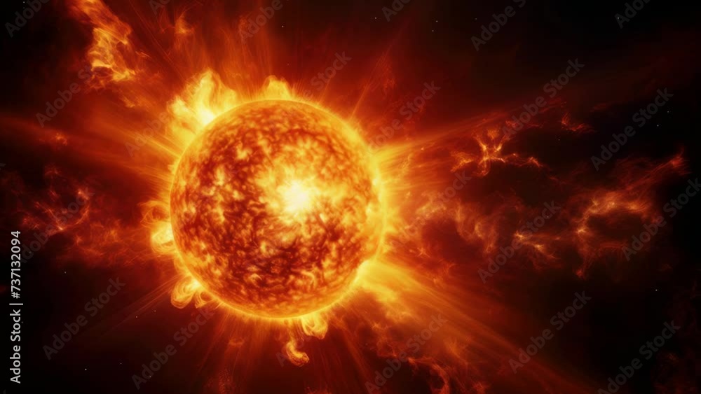Poster a vibrant orange sun shining brightly against a black background. perfect for adding a pop of color 
