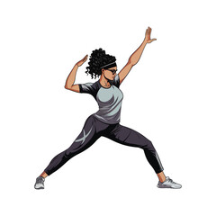 A cartoon vector illustration of a woman engaging in a yoga pose, with her arms lifted into the air.