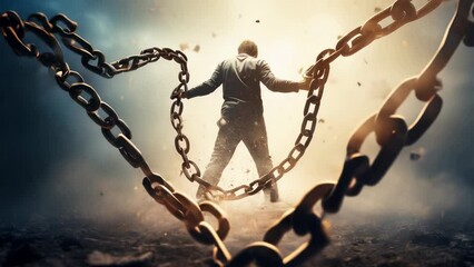 A man chained to a large chain. Suitable for concepts related to captivity, restriction, and control. .