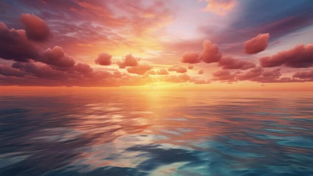 A beautiful sunset over the ocean with clouds in the sky. Perfect for beach and nature-themed designs.