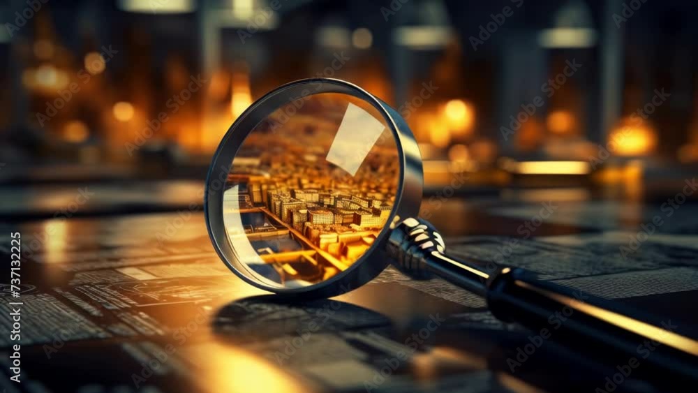 Poster A detailed view of a circuit board being examined closely with a magnifying glass. This image can be used to illustrate technology, electronics, or investigation themes.