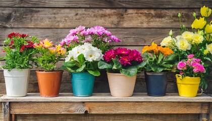 various types of colorful flowers in pots placed on wooden shelf