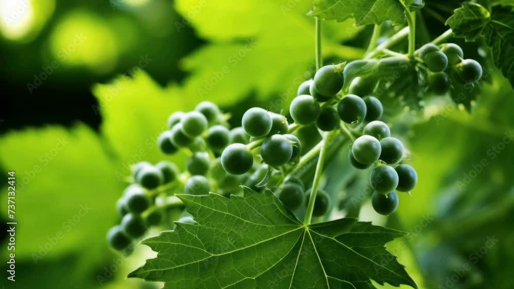 Poster A bunch of grapes growing on a vine. This image can be used to showcase the process of grape cultivation or to highlight the beauty of nature's bounty.