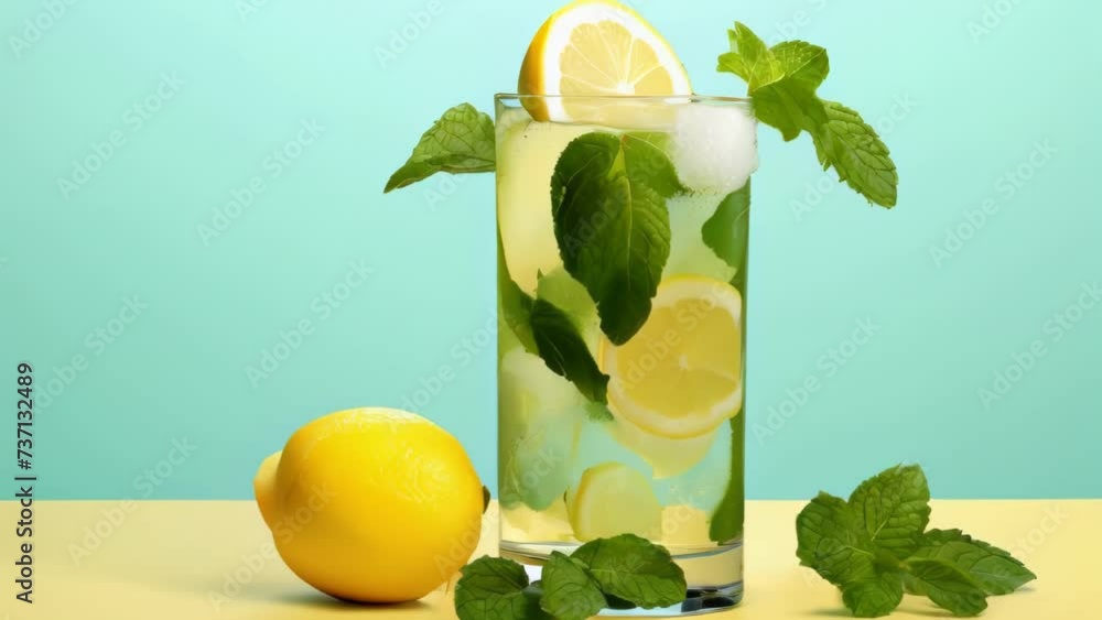Poster a glass of water filled with sliced lemons and fresh mint leaves. perfect for quenching thirst on a 
