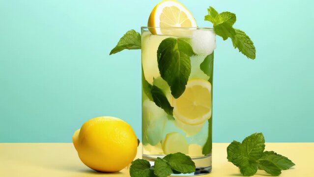 A glass of water filled with sliced lemons and fresh mint leaves. Perfect for quenching thirst on a hot day or adding a burst of flavor to any beverage.