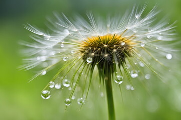 a dandelion seed head with translucent filaments glistening with dew