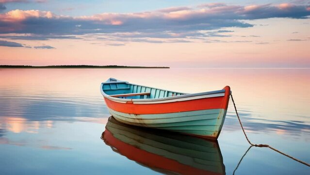 A picture of a red and blue boat sitting on top of a body of water. This image can be used for various purposes.