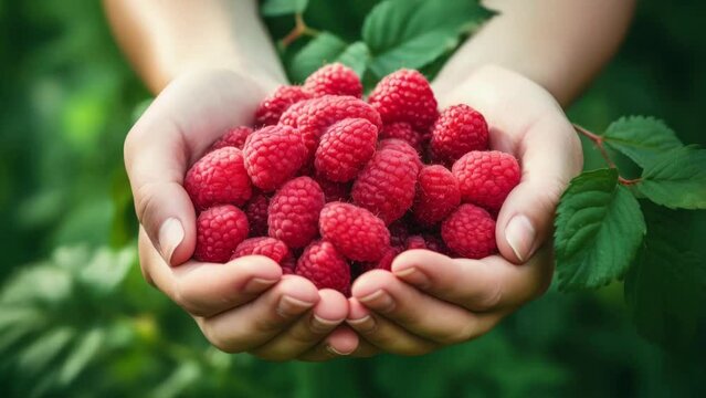 A person holding a bunch of raspberries. This image can be used to depict freshness, healthy eating, or food preparation.