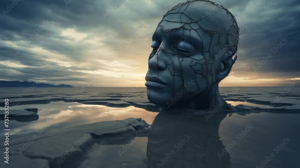 Aufkleber A sculpture of a man's face placed in the middle of a serene body of water. Perfect for adding a touch of art and tranquility to any project.